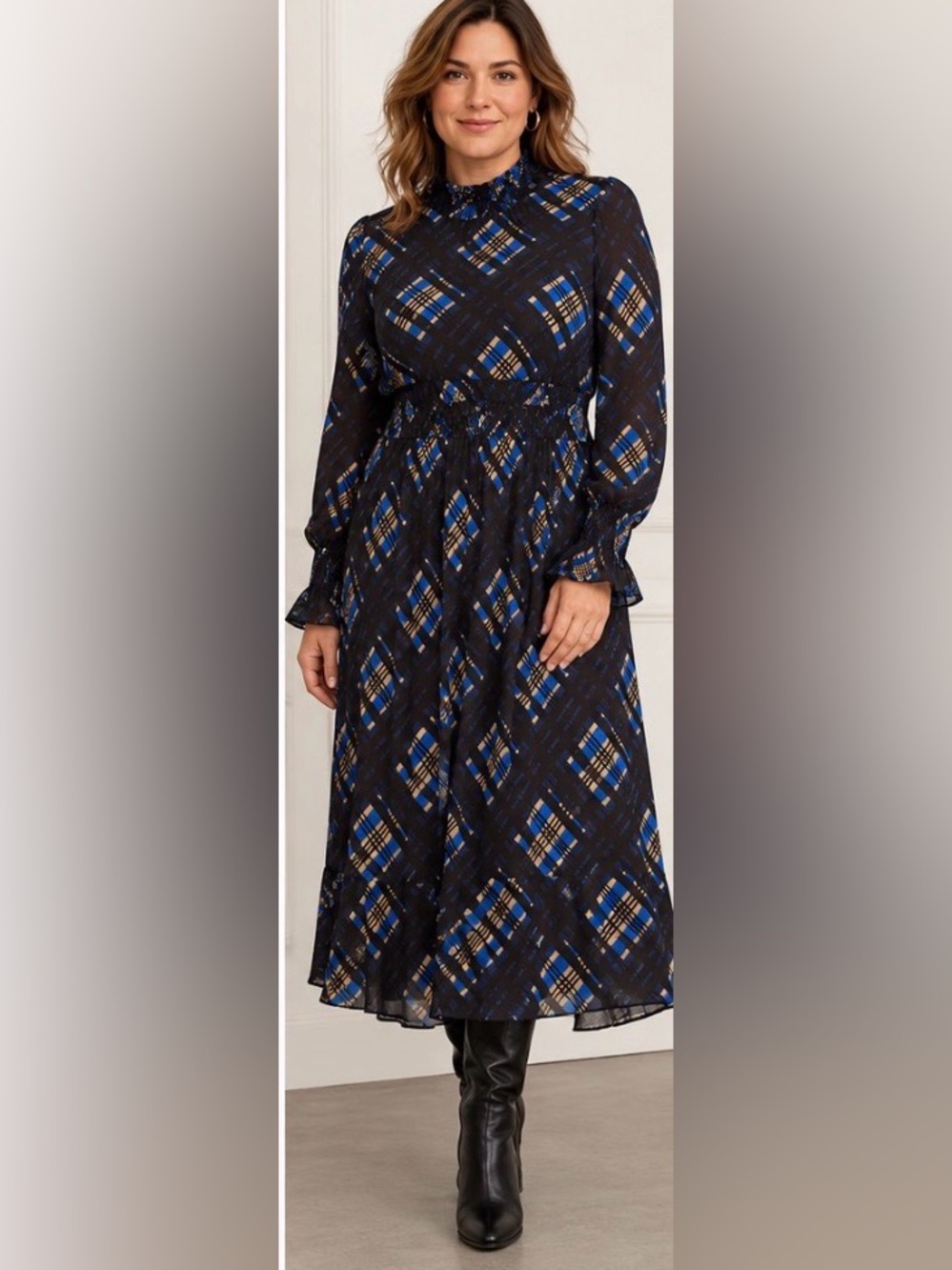 Nanette Lepore Navy Blue and Tan Plaid Long-Sleeve Midi Dress